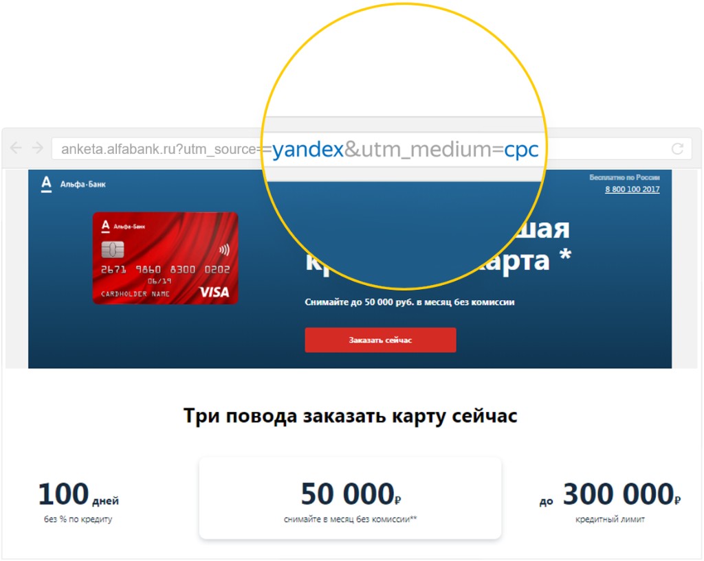 Скриншот: UTM-метки канала (yandex / cpc) в URL